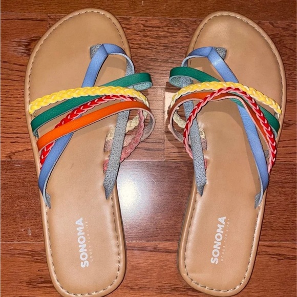 Sonoma Shoes - Sonoma Rainbow Braided Strap Tan Slide Sandals